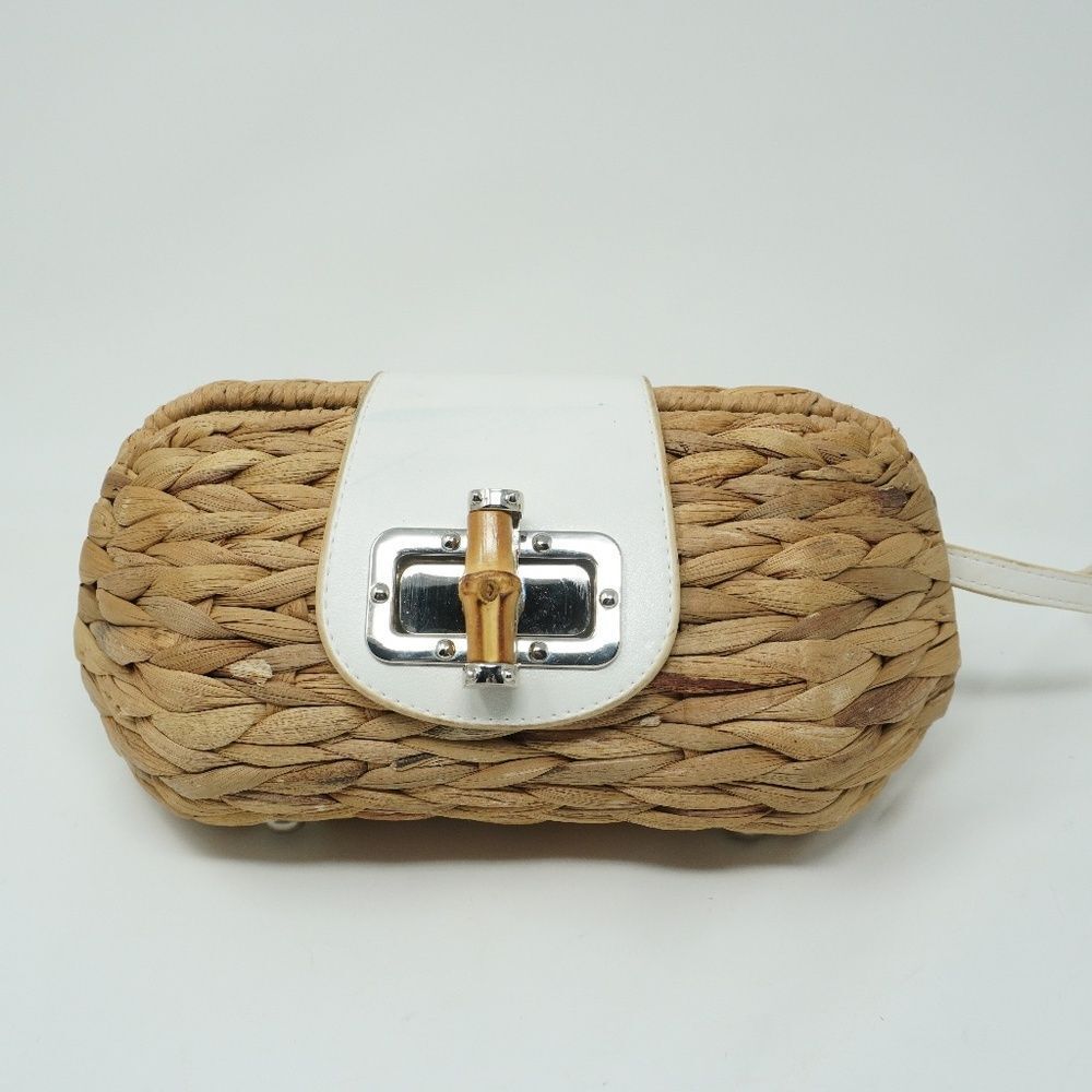 Cato Woven Straw White Trim Clutch Bamboo Lock
